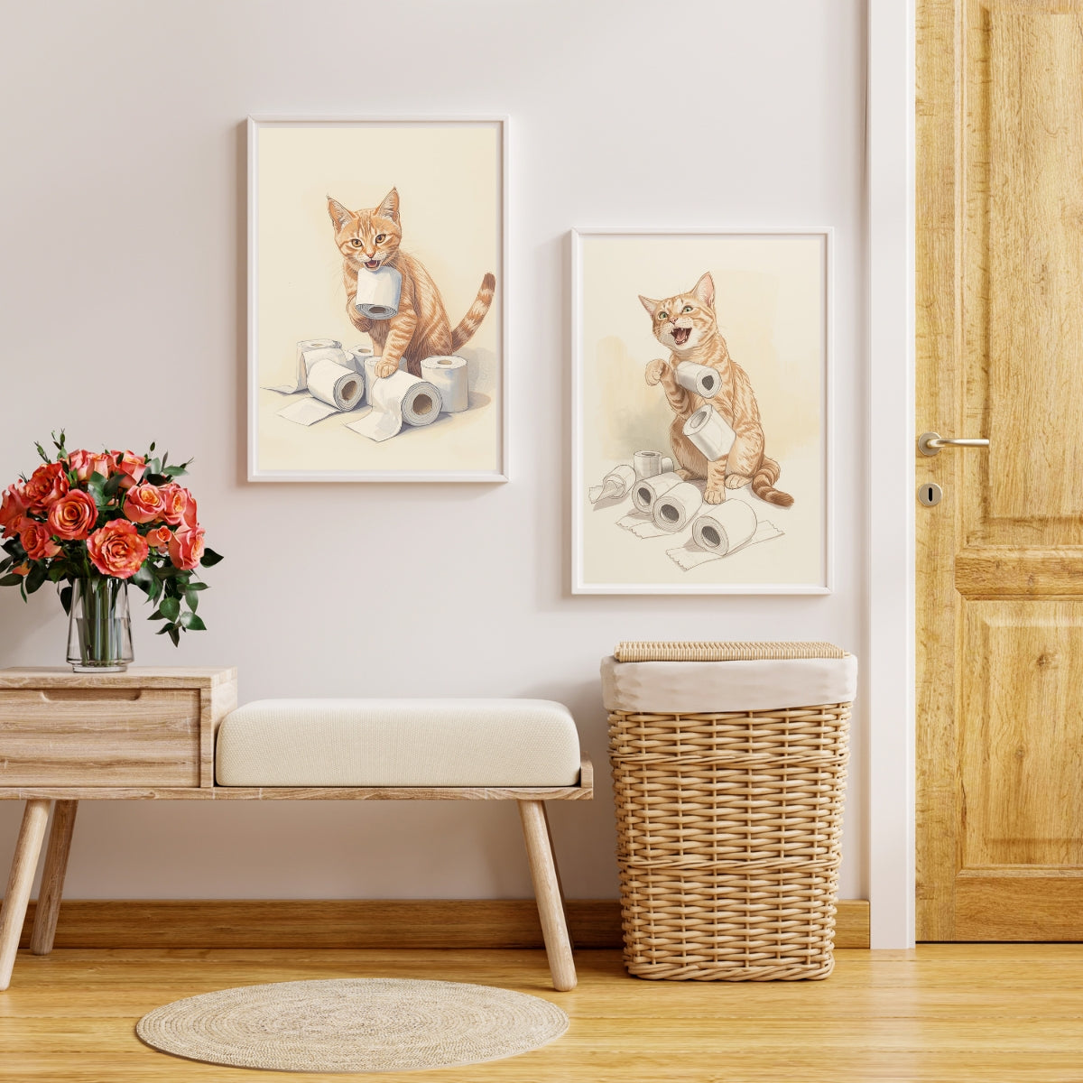 Funny Cat Bathroom Wall Art Set of 3 | Neutral Printable Digital Decor | Digital Download