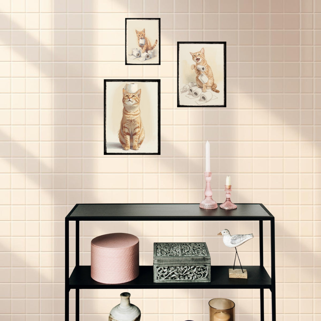 Funny Cat Bathroom Wall Art Set of 3 | Neutral Printable Digital Decor | Digital Download