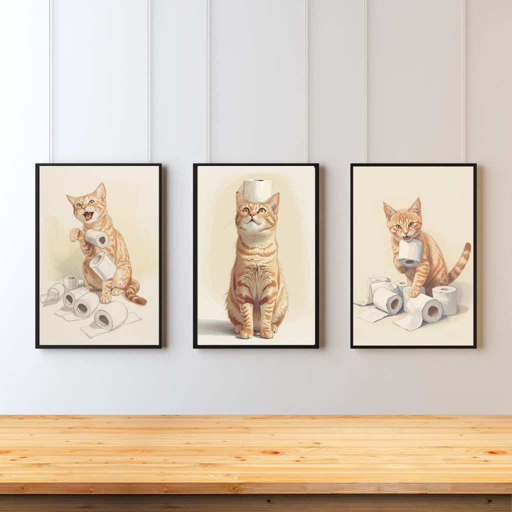 Funny Cat Bathroom Wall Art Set of 3 | Neutral Printable Digital Decor | Digital Download