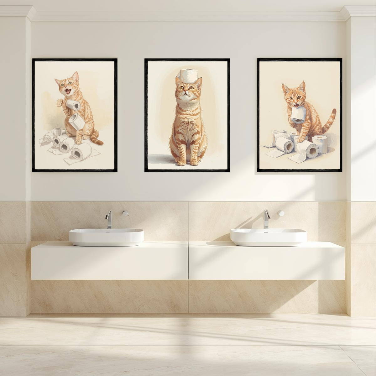 Funny Cat Bathroom Wall Art Set of 3 | Neutral Printable Digital Decor | Digital Download