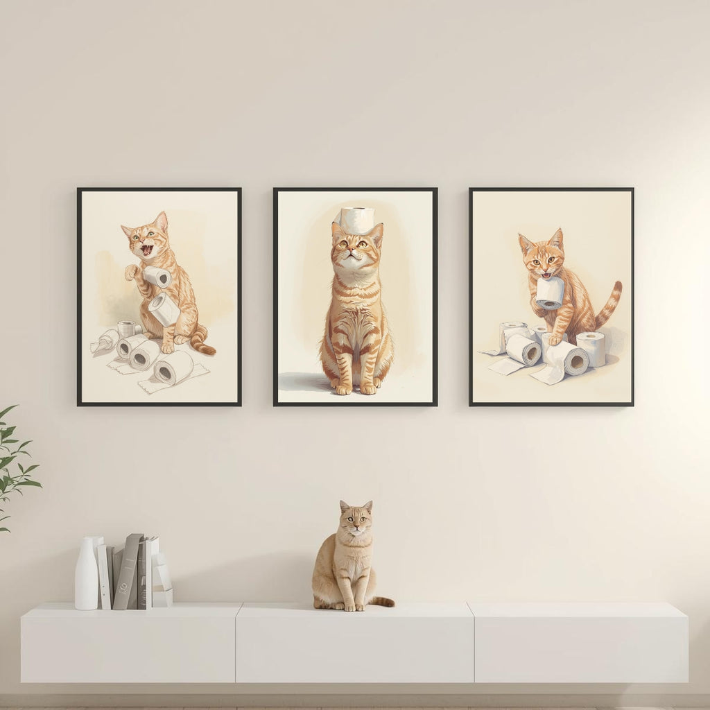 Funny Cat Bathroom Wall Art Set of 3 | Neutral Printable Digital Decor | Digital Download