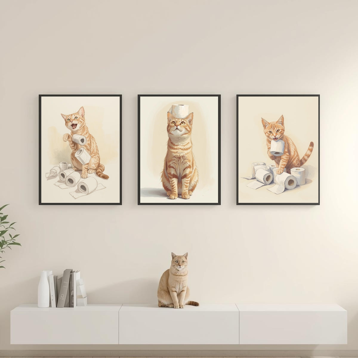 Funny Cat Bathroom Wall Art Set of 3 | Neutral Printable Digital Decor | Digital Download