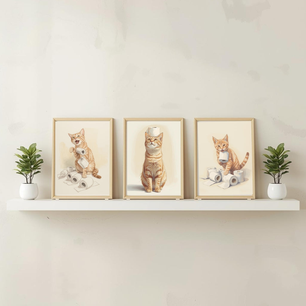 Funny Cat Bathroom Wall Art Set of 3 | Neutral Printable Digital Decor | Digital Download