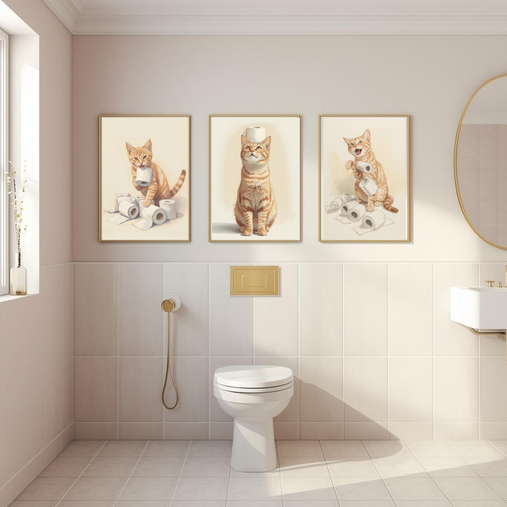 Funny Cat Bathroom Wall Art Set of 3 | Neutral Printable Digital Decor | Digital Download