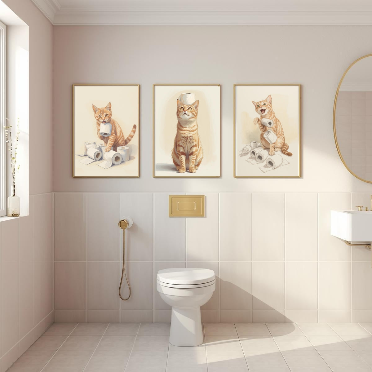 Funny Cat Bathroom Wall Art Set of 3 | Neutral Printable Digital Decor | Digital Download