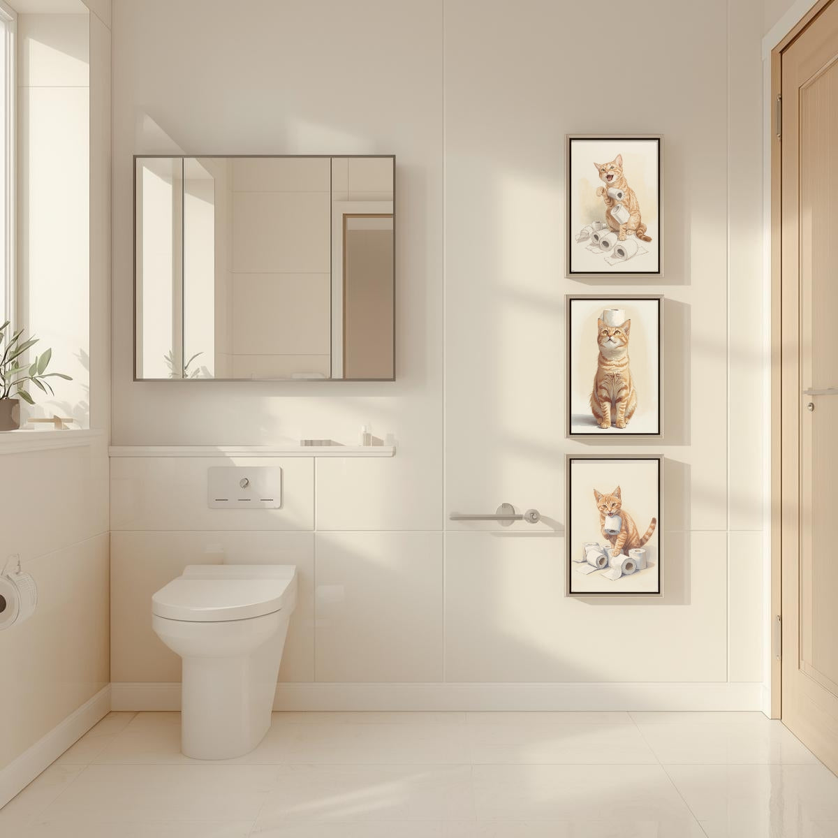 Funny Cat Bathroom Wall Art Set of 3 | Neutral Printable Digital Decor | Digital Download