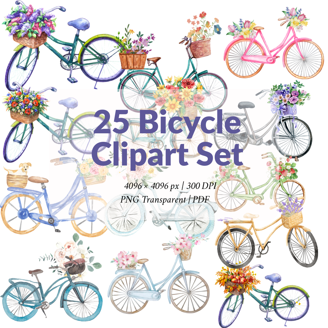 25 Bicycle Clipart Set – High-Resolution Transparent PNGs 4096×4096 (300 DPI)