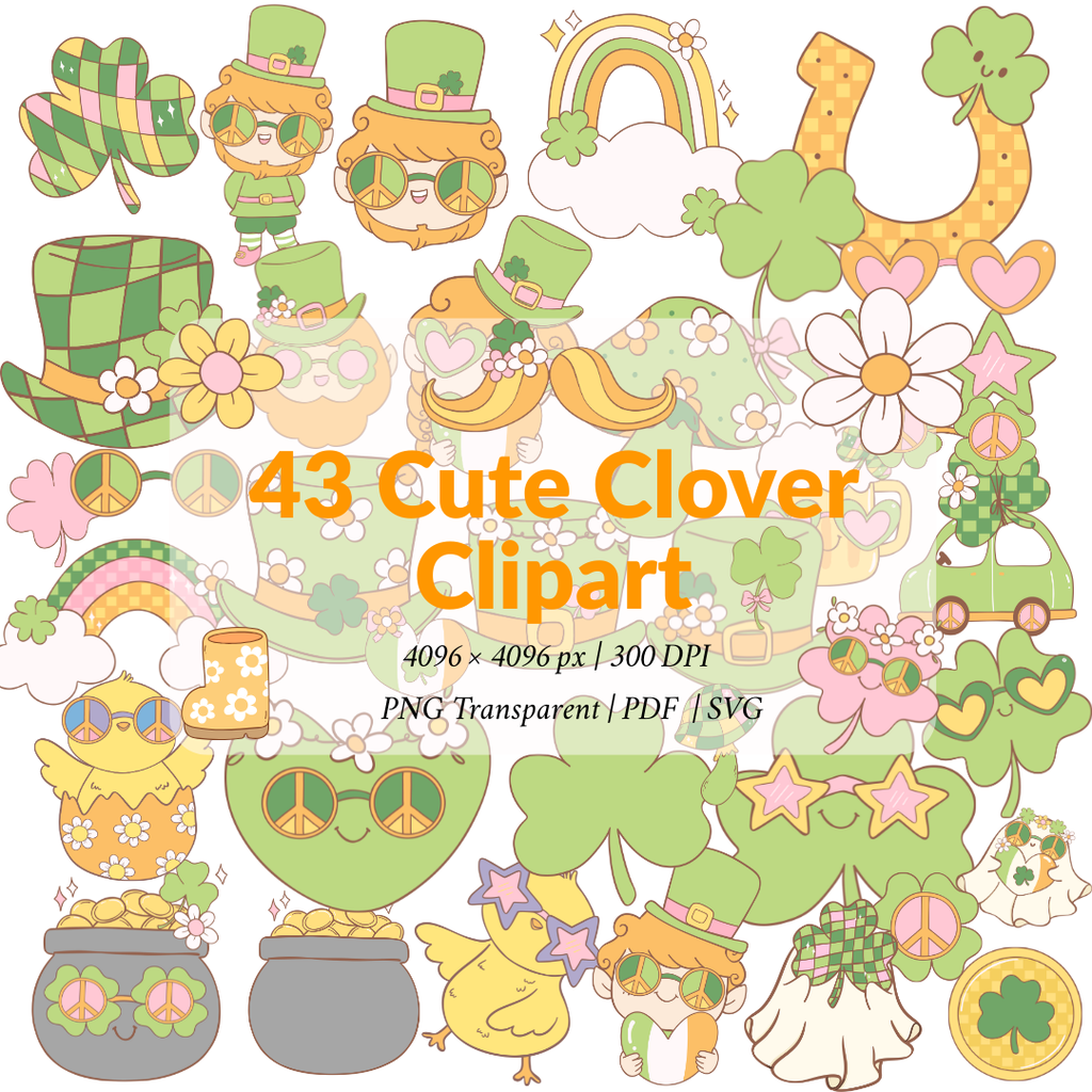 Cute Clover Clipart – Kawaii Hands Holding Patchwork Shamrock, Pastel Spring Illustration, Digital Download