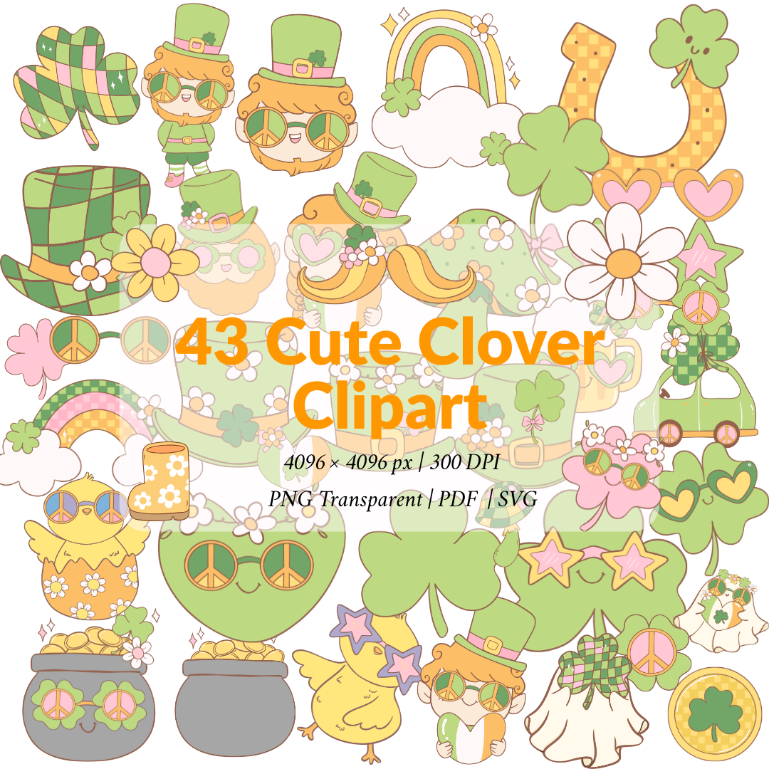 Cute Clover Clipart – Kawaii Hands Holding Patchwork Shamrock, Pastel Spring Illustration, Digital Download