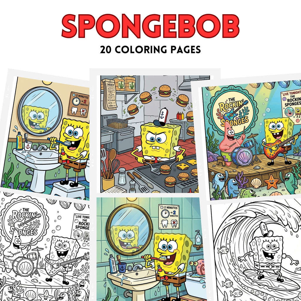 SpongeBob Coloring Pages PDF JPG PNG | 20-Page Digital Kids Activity Book