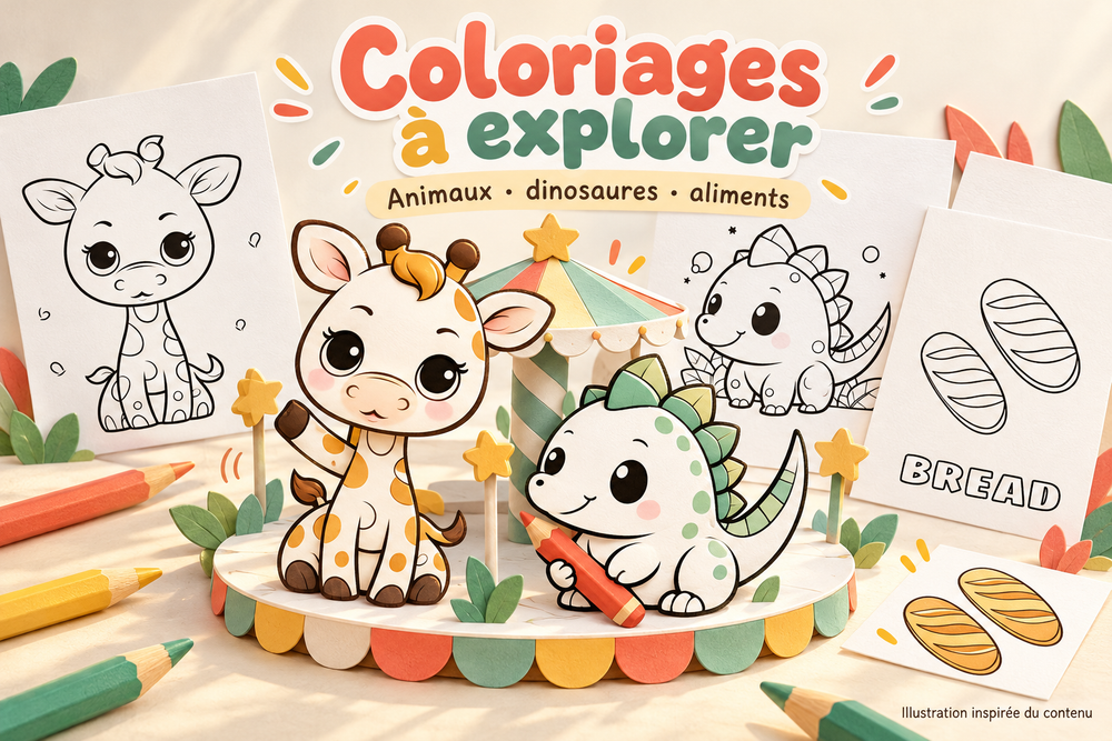 Coloriages – Animaux, dinosaures et aliments | 3 cahiers PDF, 39 pages – page 1