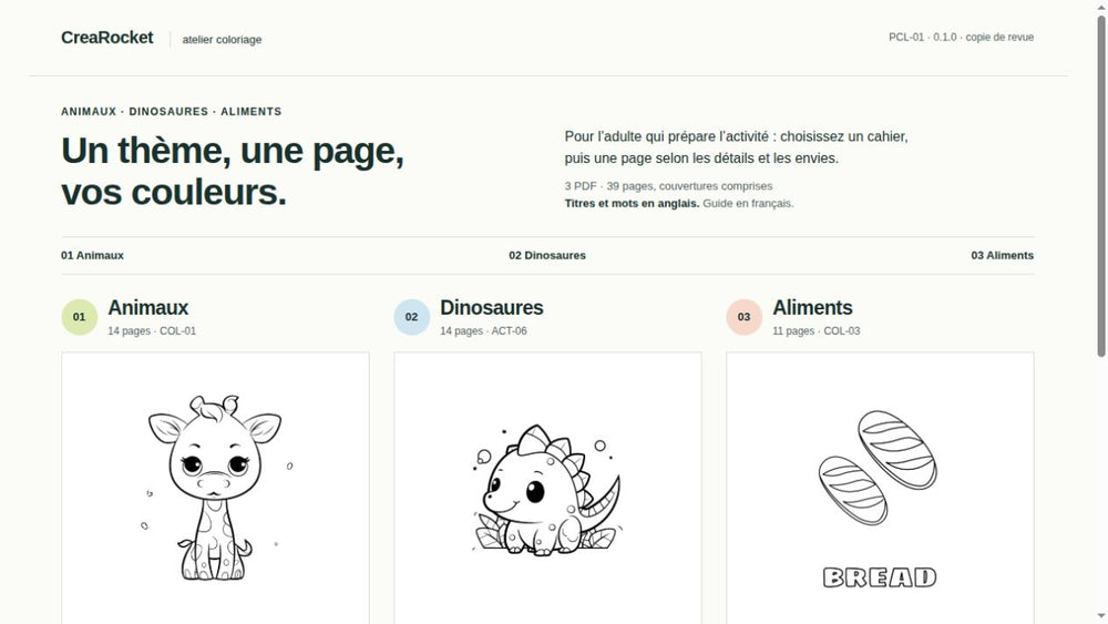 Coloriages – Animaux, dinosaures et aliments | 3 cahiers PDF, 39 pages – page 5