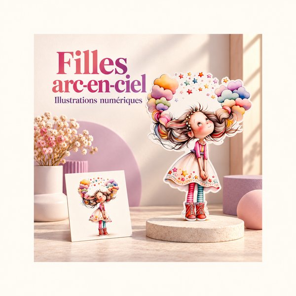 Illustration 3D — Bundle de cliparts de filles arc-en-ciel féeriques, 4 illustrations