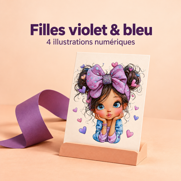 Illustration 3D — Cliparts filles, 4 illustrations aux tons violet et bleu