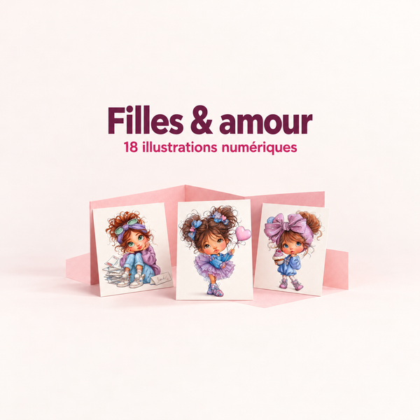 Illustration 3D — Cliparts filles et amour, 18 illustrations pastel style chibi