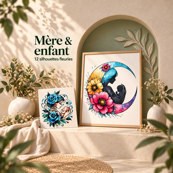 Illustration 3D — Cliparts mère et enfant, 12 silhouettes familiales fleuries
