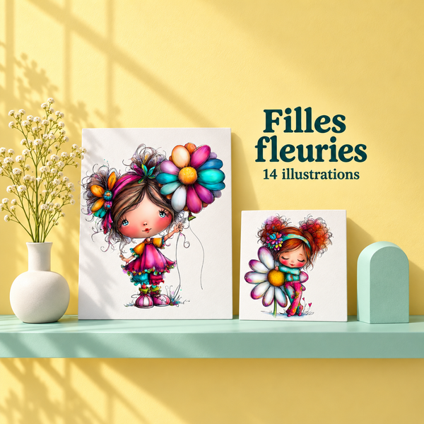 Illustration 3D — Cliparts printemps, 14 filles fleuries en aquarelle