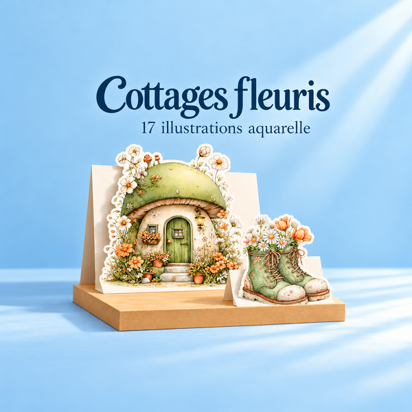 Illustration 3D — Cliparts printemps, 17 cottages fleuris en aquarelle