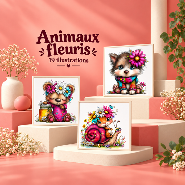 Illustration 3D — Cliparts printemps, 19 animaux fleuris en aquarelle
