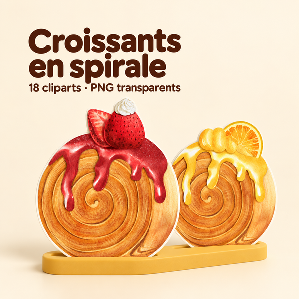 Illustration 3D — Collection de 18 cliparts de croissants spirales à l’aquarelle