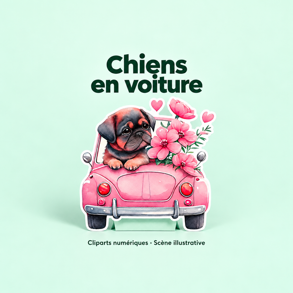 Illustration 3D — Collection de 16 Cliparts de Chiens en Voiture