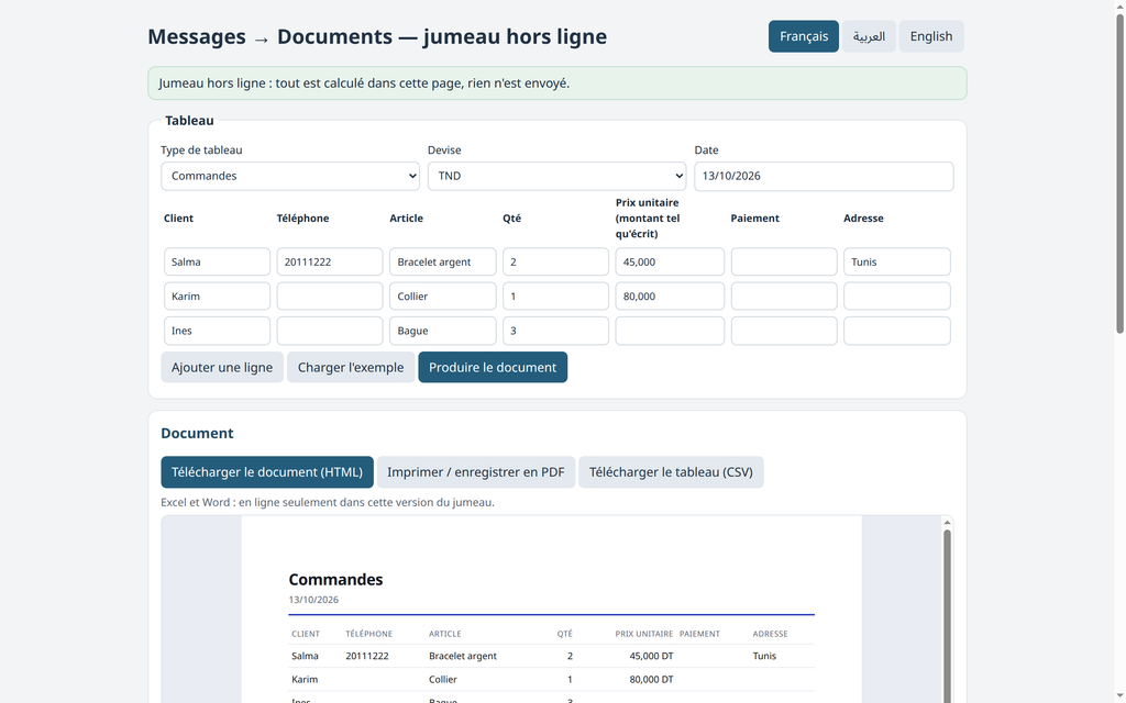Messages en tableaux et documents — commandes, rendez-vous et frais – visuel 2