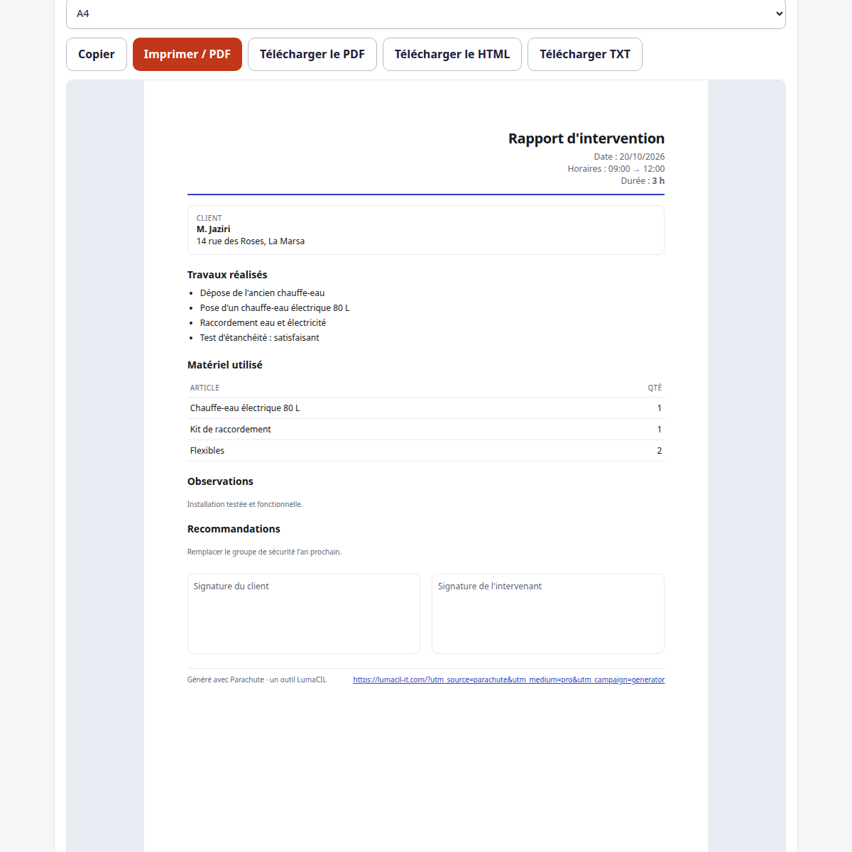Rapport d'intervention — travaux, matériel et durée FR/AR/EN – visuel 2