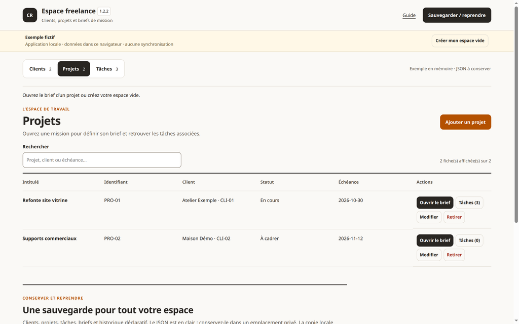 Espace freelance local — clients, projets et tâches – visuel 2