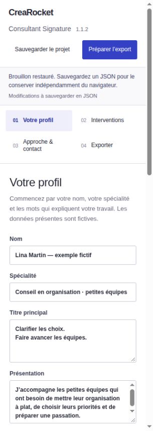 Consultant Signature — site et assistant local