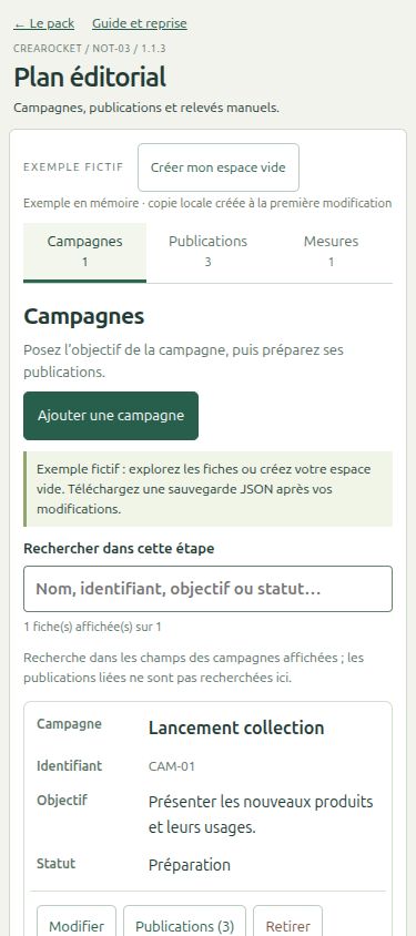 Plan éditorial local — vue Campagnes sur mobile