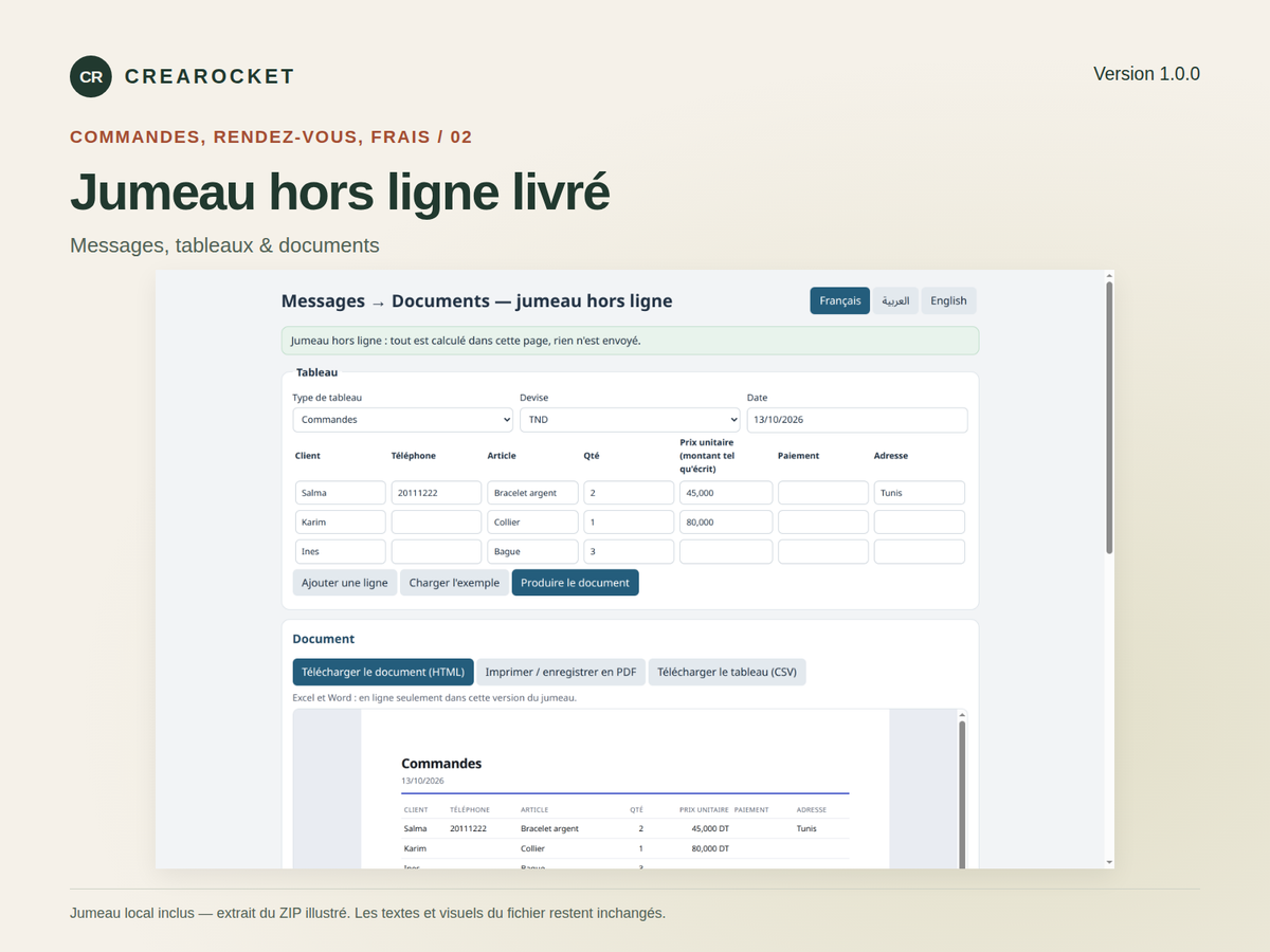Messages en tableaux et documents — commandes, rendez-vous et frais – visuel 3