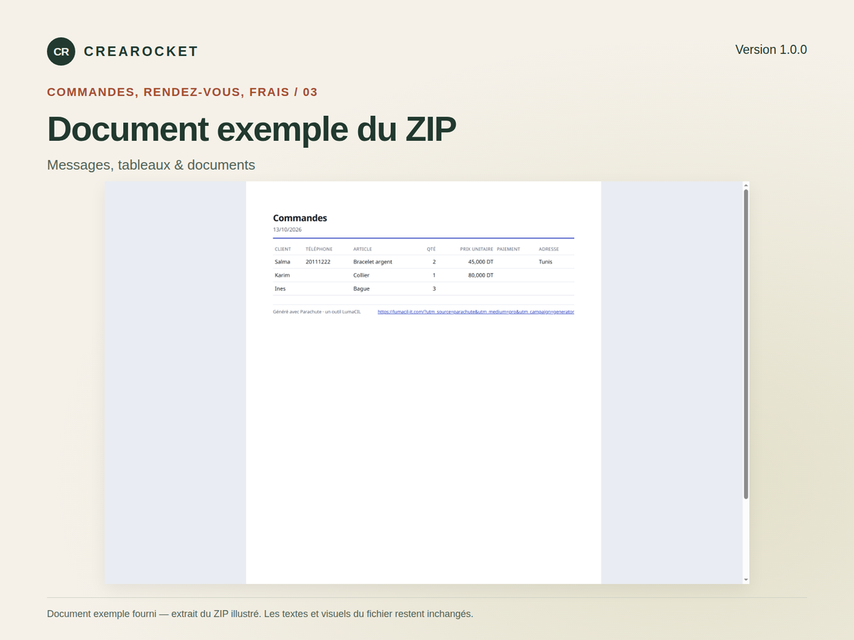 Messages en tableaux et documents — commandes, rendez-vous et frais – visuel 4