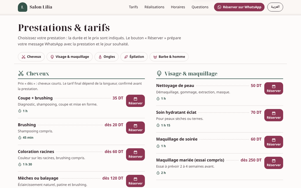 Site de salon de beauté — tarifs et contact WhatsApp – visuel 3