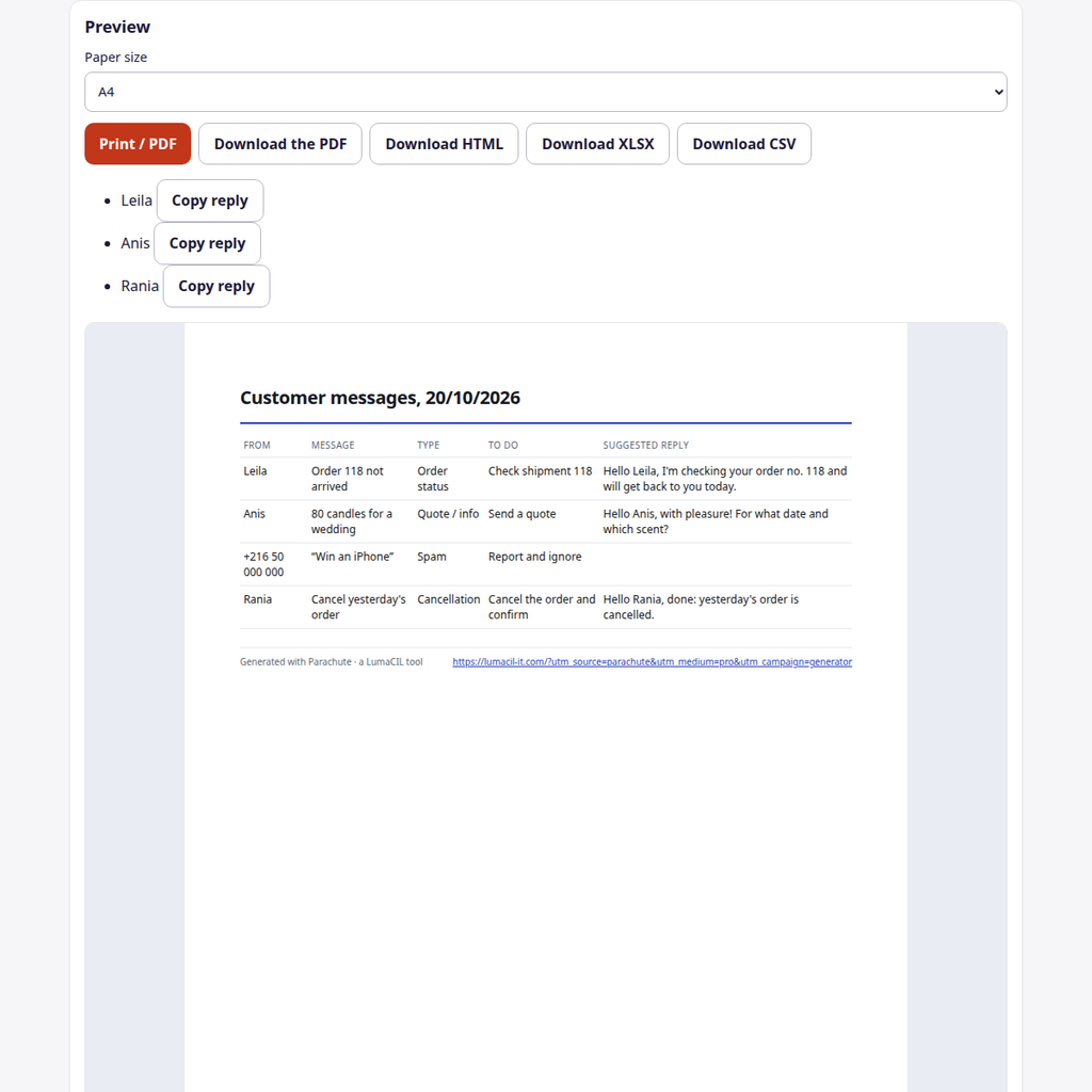 Messages clients — tableau de suivi FR/AR/EN – visuel 4