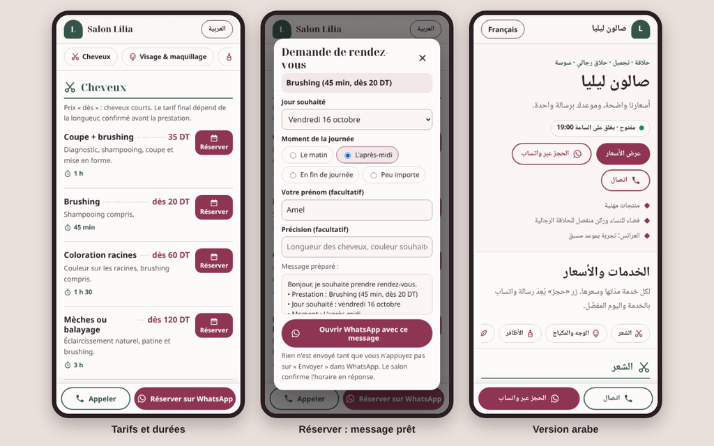 Site de salon de beauté — tarifs et contact WhatsApp – visuel 5