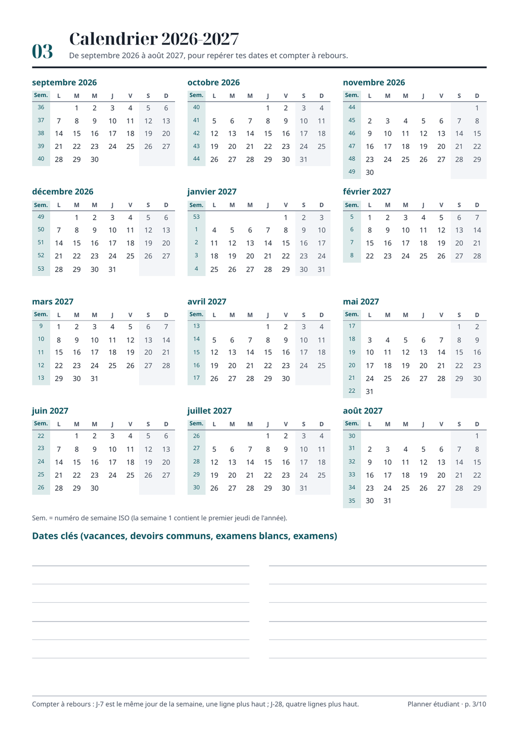 Planning étudiant à imprimer – visuel 10