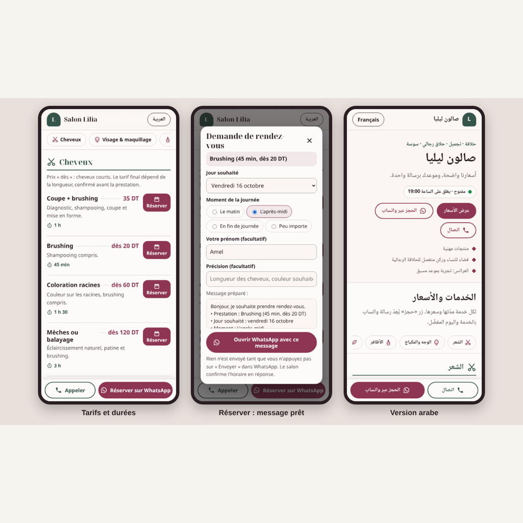 Site de salon de beauté — tarifs et contact WhatsApp – visuel 9