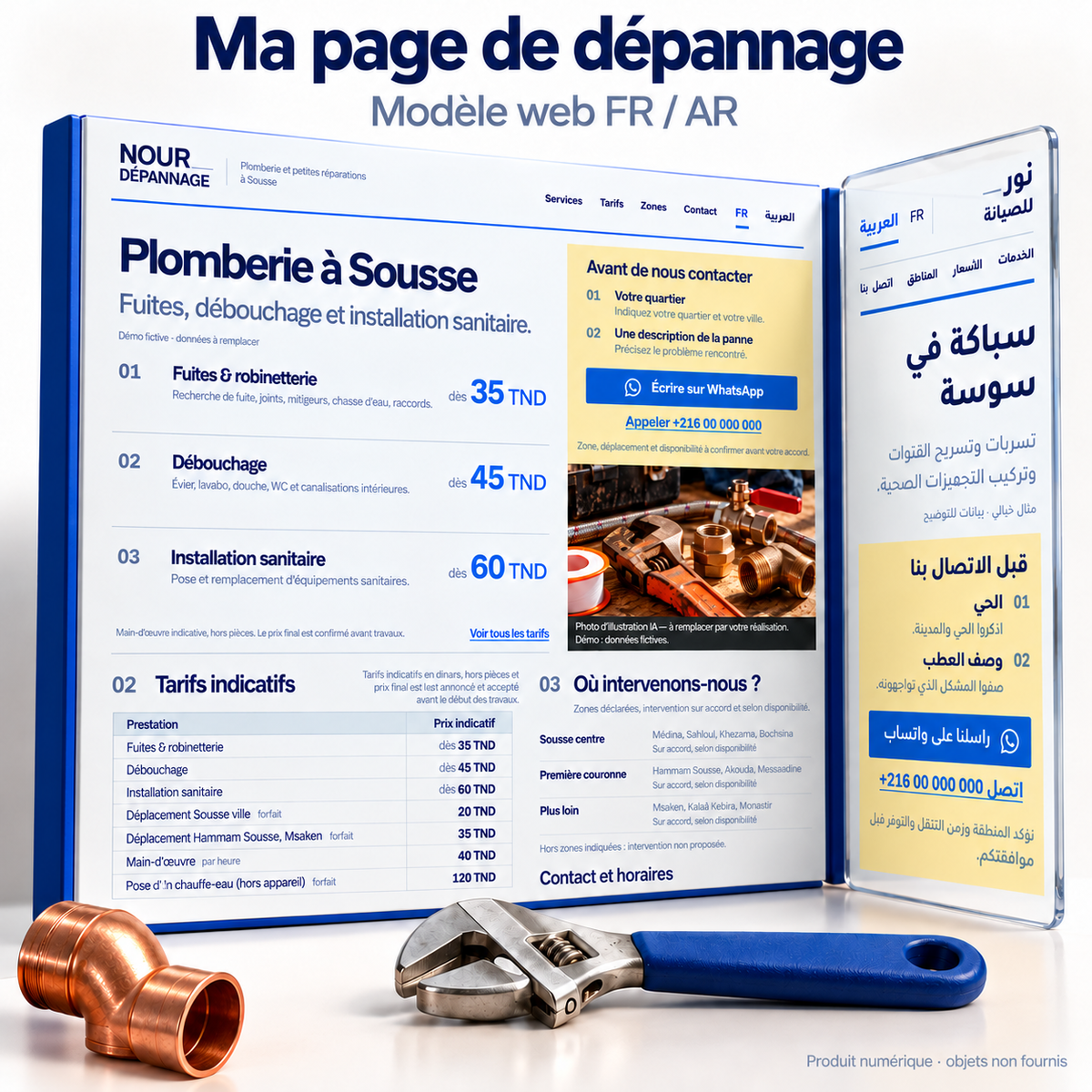 Page de dépannage à domicile FR/AR — prestations, tarifs et contact – visuel 1