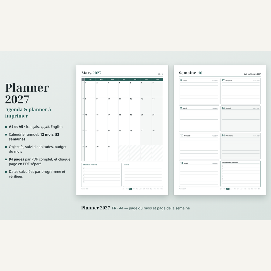Agenda 2027 à imprimer — calendrier et organisation A4/A5 – visuel 1