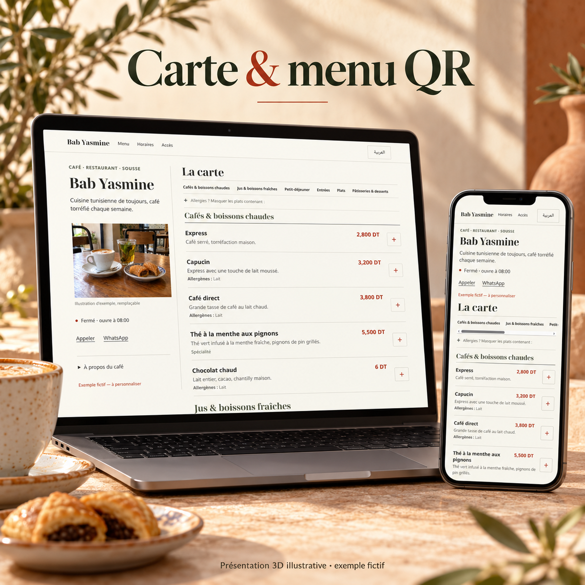 Carte de café et restaurant — menu FR/AR et chevalets QR – visuel 1