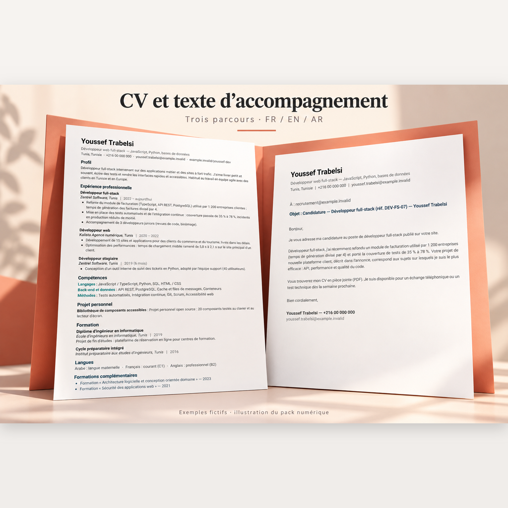 CV et texte d’accompagnement — trois parcours FR/EN/AR