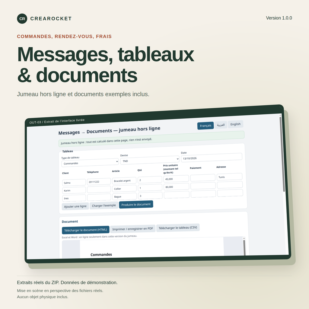Messages en tableaux et documents — commandes, rendez-vous et frais – visuel 1