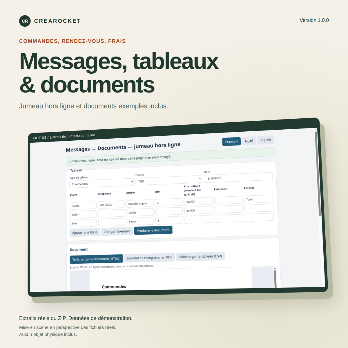 Messages en tableaux et documents — commandes, rendez-vous et frais – visuel 1