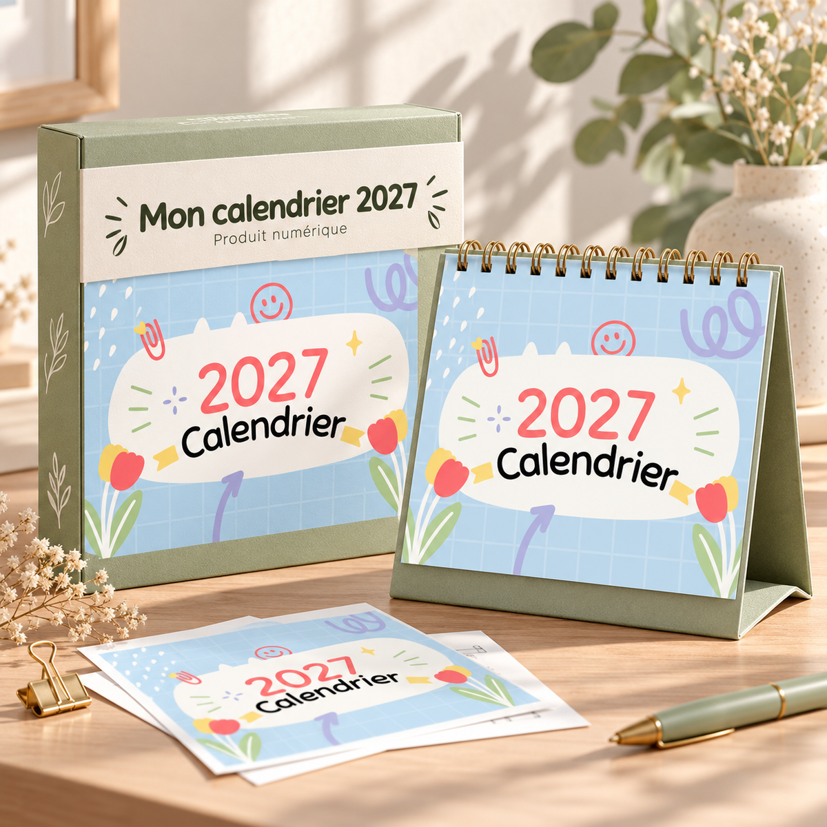 Calendrier 2027 à imprimer – 12 mois avec priorités et notes – visuel 1