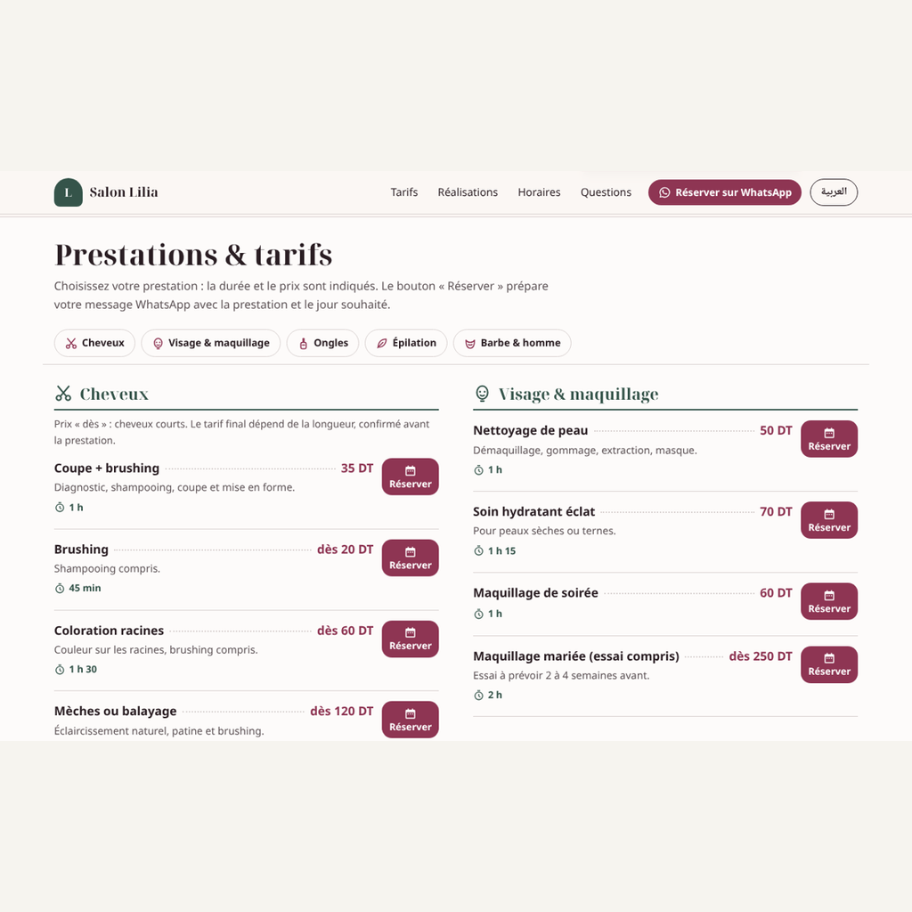 Site de salon de beauté — tarifs et contact WhatsApp – visuel 1