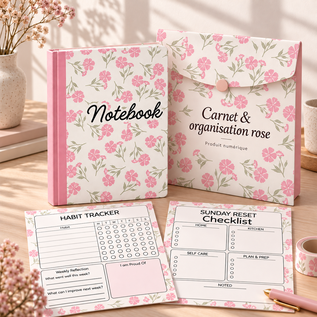 Carnet floral rose à imprimer – notes, to-do et habitudes (7 pages) – visuel 1