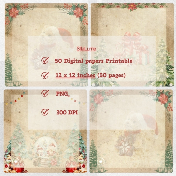 Vintage Christmas Digital Paper | Retro Holiday Scrapbook Backgrounds | printable background 12x12 |  cards | Instant Download
